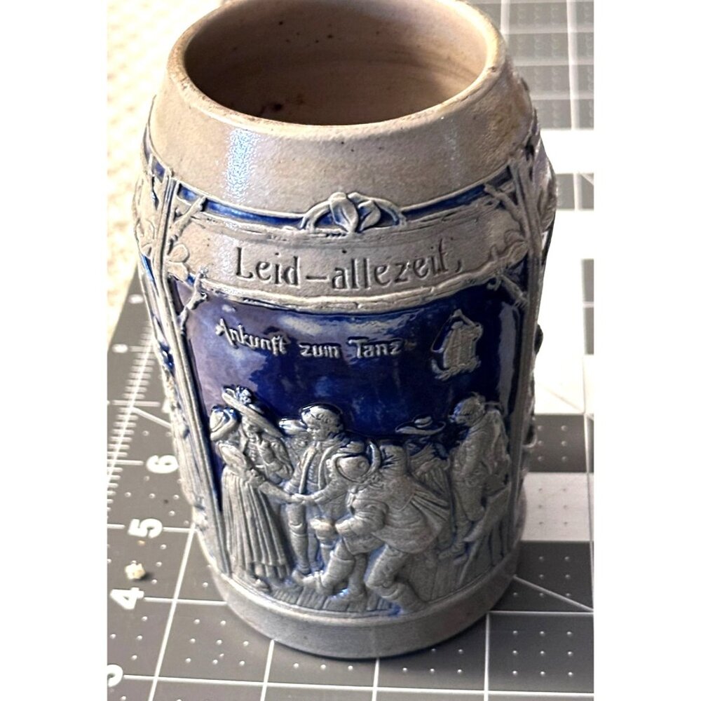 German Stoneware Blue Gray Stein Mug Handle Raised Designs Celebrate